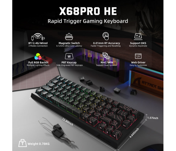 Attack Shark X68PRO HE Wireless Rapid Trigger 8kHz/128kHz Poron czarna 6972792471068 - 1349534 - zdjęcie 10